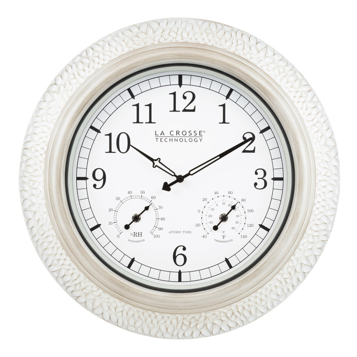 La Crosse Technology 433-29917-INT 21" Indoor/Outdoor Atomic Analog White-Washed Hammered Metal Wall Clock