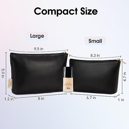 Wandering Nature Makeup Bag Small Cosmetic Bag for Purse 2 Pack Small Make Up Pouch Vegan Leather Cute Travel Pouch with Zipper for Women, Black