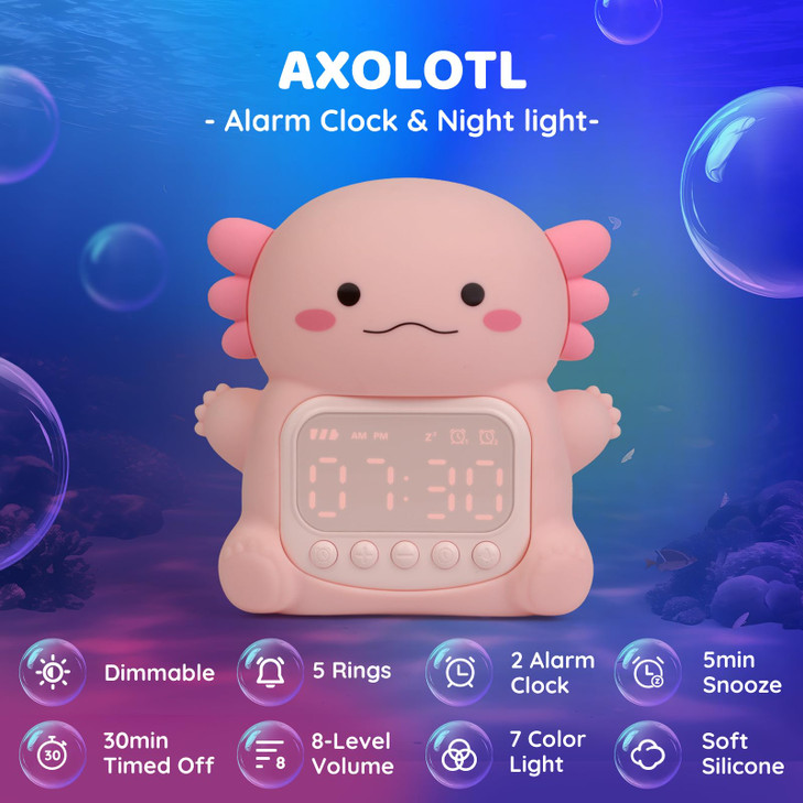 Aokpsrt Axolotl Alarm Clock with Night Light for Kids, Rechargeable Silicone Lamp Time to Wake Clock?Cute Animal Tabletop Lamp, Perfect Sleep Compani