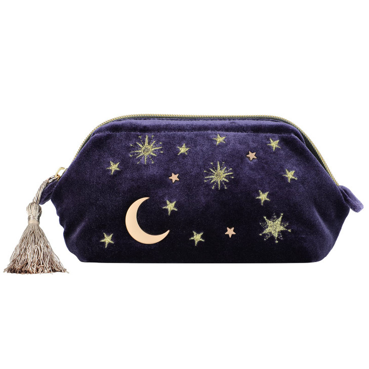 Handy cosmetic makeup bag,Navy Velvet Embroidered Applique Moon Stars Cosmetic Bag,Starry Makeup Pouch with Tassels & Pearl Zipper,Beautician Storage