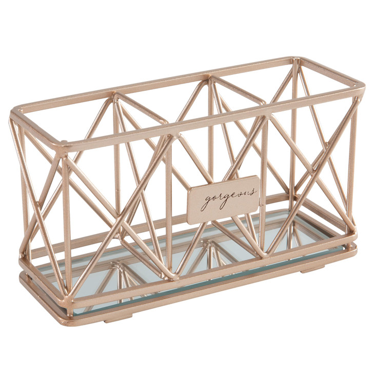 Home Details 3 Compartment Cosmetic Brush Holder | Make Up Pencil | Vanity Organizer | Bathroom | Dresser | Office | Mirror Base | Rose Gold