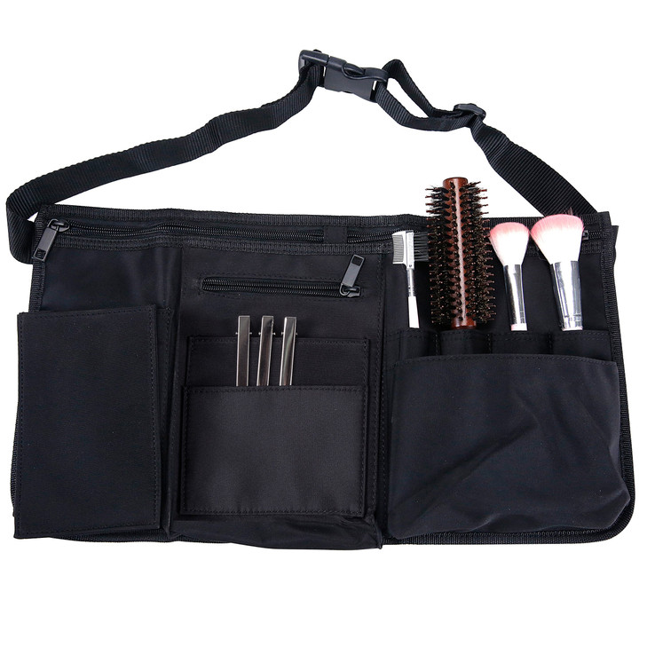 MyGift Professional Black Salon Apron, Makeup Artist Cosmetic Canvas Waist Apron, Multiple Pocket Brush Bag Organizer