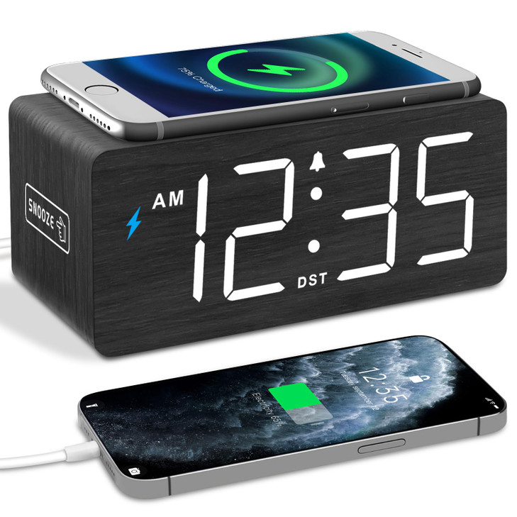 DreamSky Wooden Digital Alarm Clock with Wireless Charging for Bedroom, Bedside Nightstand Clock with Charger Station, USB Port, Large Numbers, Adjus