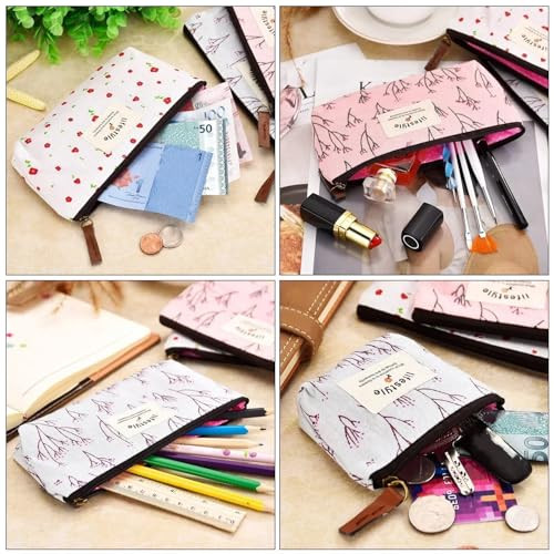 TecUnite Pack of 6 Pencil Case Countryside Flower Cosmetic Makeup Bag Cute Floral Canvas Zipper Pencil Pen Cases Multifunctional Fabric Cosmetic Make