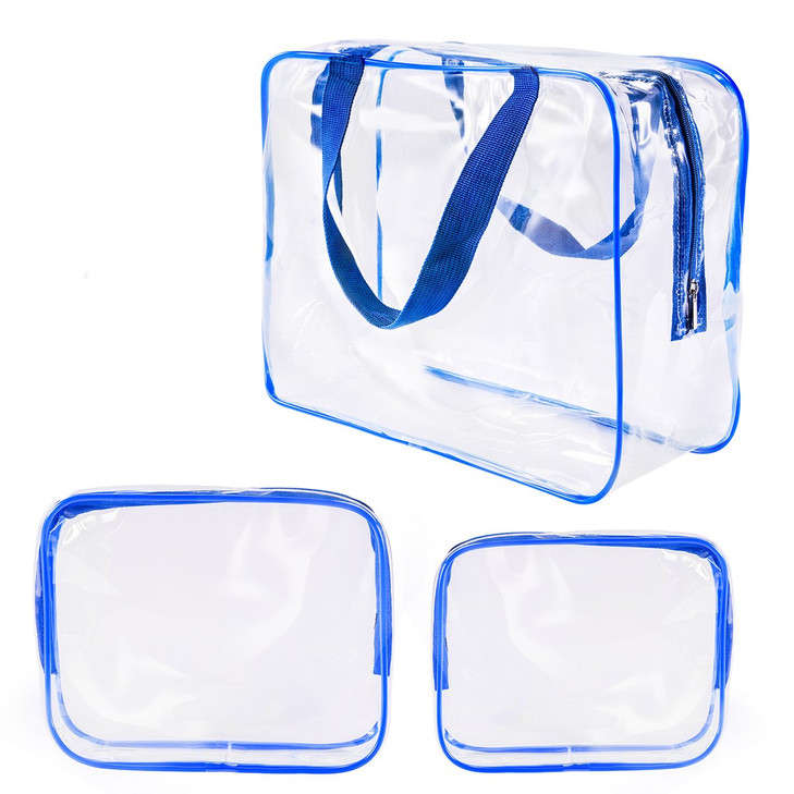 3Pcs Crystal Clear PVC Travel Toiletry Bag Kit for Women Men, Waterproof Vinyl Organizer Clear Makeup Bags with Zipper Handle Straps, Cosmetic Bag Po