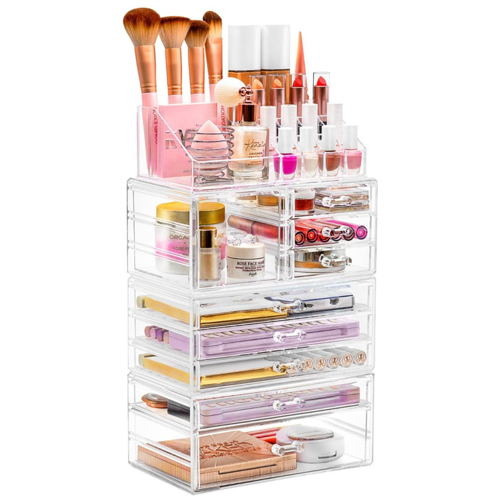 Sorbus Large Clear Makeup Organizer - Detachable 4-Piece Jewelry & Make Up Organizers and Storage Set - Spacious Cosmetic Display Tower - Makeup Orga