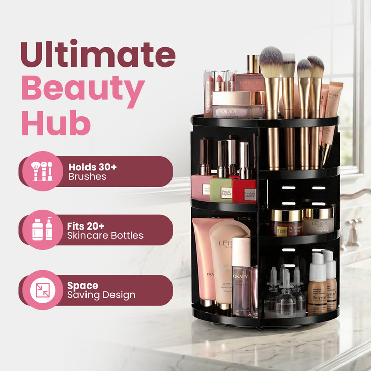 360 Rotating Makeup Organizer - Adjustable Shelf Height and Fully Rotatable. The Perfect Cosmetic Organizer for Bedroom Dresser or Vanity Countertop.