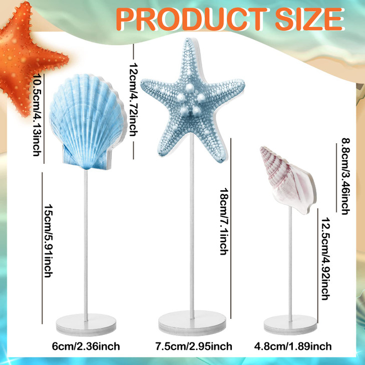 Gerrii 3 Pcs Sea Wooden Table Decor Coastal Starfish Seashell Conch Decor Ocean Beach Centerpieces Nautical Standing Themed Block Decoration for Summ