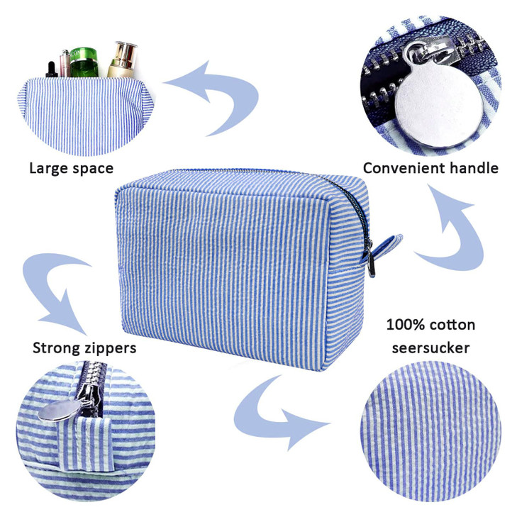 GFU Makeup Bag for Women, Cute Cosmetic Bag, Lightweight Toiletry Make up Bag, Large Seersucker Aesthetic Organizer Storage Pouch for Girls, Women an