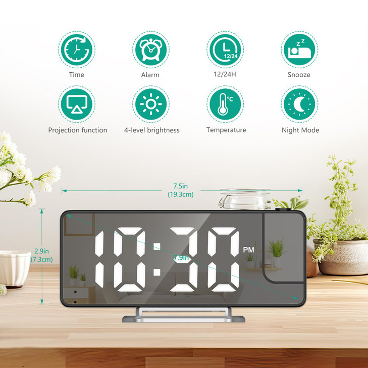 ORIA Projection Alarm Clock, 7.9'' Digital Alarm Clock with 180° Rotatable Projector, LED Alarm Clock with Temperature, 4-Level Dimmer, 12/24H, Snooz