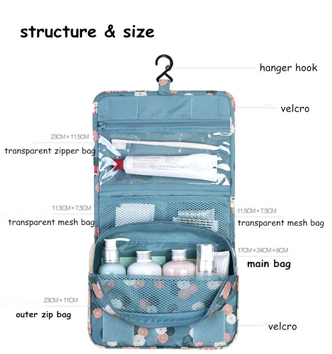 King&Pig Toiletry Bag Multifunction Cosmetic Bag Portable Makeup Pouch Waterproof Travel Hanging Organizer Bag Travel Storage Bag (blue flower)