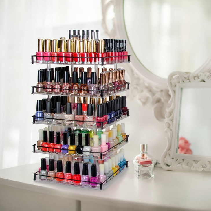 J JACKCUBE DESIGN Nail Polish Organizer, 5 Tier Acrylic 360 Rotating Display Rack Stand Makeup Cosmetics Storage Box Carousel Shelf with Black Iron G