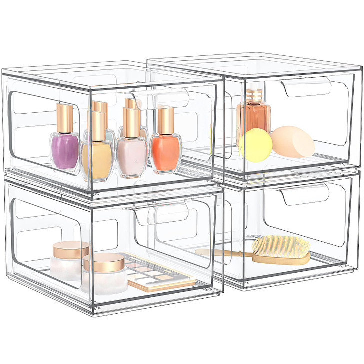 SpaceHacks 4 Pack Stackable Plastic Makeup Organizer Drawers, Acrylic Organizers, Clear Storage Bins with Pull-Out Handles for Vanity, Kitchen Cabine