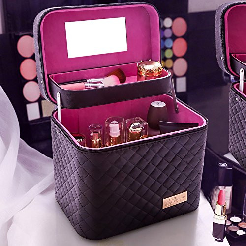 Sooyee Makeup Bag,Makeup Organizer with Mirror,Cosmetic Travel Bag with Fold Tray, Cosmetic Bags for Women Designed To Fit All Cosmetics Professional