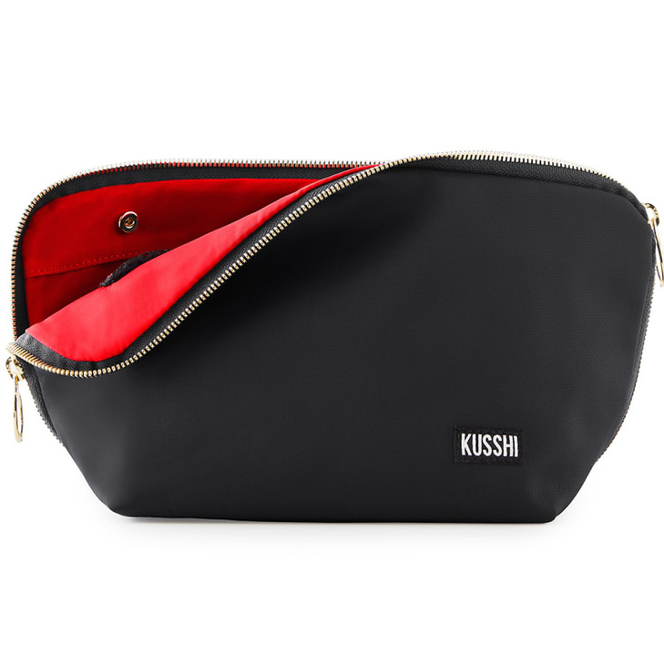 KUSSHI Washable Travel Makeup & Cosmetic Bag - Brush Organizer Sold Separately (Signature, Satin Black/Red)
