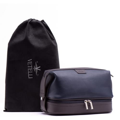 Vetell Leo Large Leather Men's Travel Toiletry and Shaving Case Bag with Upper and Lower Zippered Compartments, 3 Interior Loops and Carrying Handles