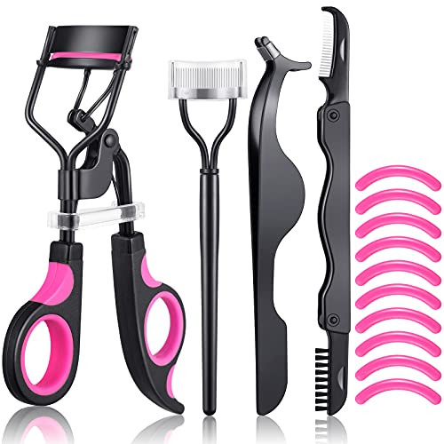 14 Pieces Eyelash Curler Kit Eyelash Comb Eyebrow Brush Tweezers False Eyelashes Applicator Tool Eyebrow Trimmer Silicone Refills Pads for Women(Blac