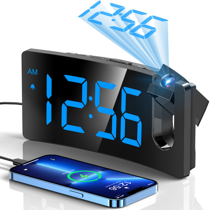 GOLOZA Projection Alarm Clock, Digital Clock with 180° Rotatable Projector, 3-Level Brightness Dimmer, Clear LED Display, USB Charger, Progressive Vo