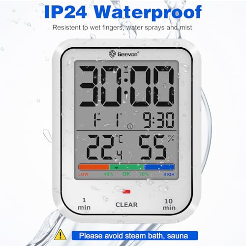 Geevon Digital Bathroom Clock, Waterproof Shower Timer with Large Touch Screen, Battery Operated Bathroom Wall Clock with Temperature & Humidity Disp