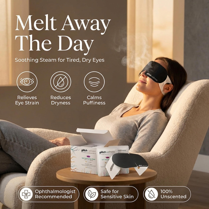 Glitch Self Heating Eye Mask - Steam Eye Mask for Dry Eyes, Soothing Relief, Stress Reduction - Disposable Warm Eye Compress Moist Heat