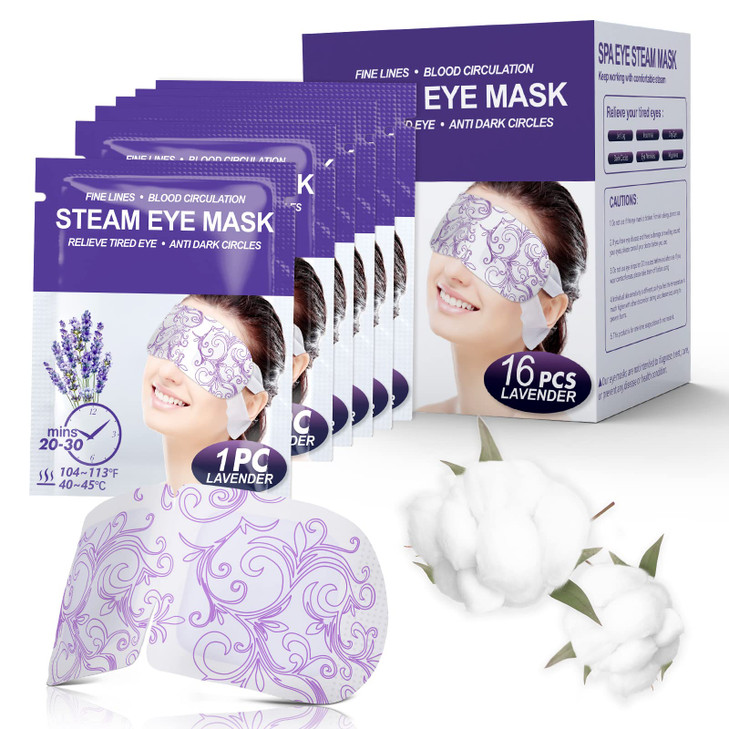 16 Packs Steam Eye Masks for Dry Eyes, Lavender Heated Eye Mask, Relief Tired Eyes & Dark Circle, Warm Compress for Puffiness, Disposable Travel Esse