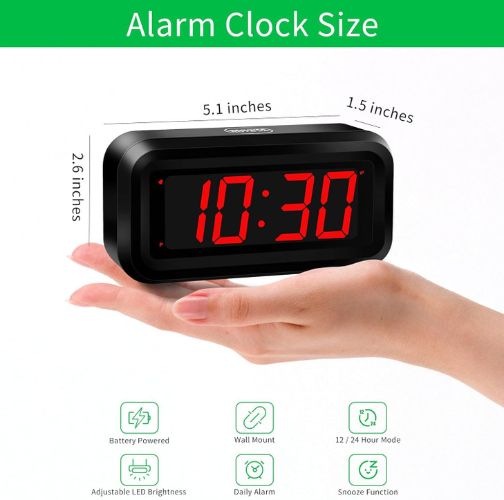 Alarm Clock, LED Digital Clock, Small Wall Clock, Battery Operated, Adjustable 3-Level Led Brightness, Dim Night Mode, 12/24Hr, Cordless, Constantly