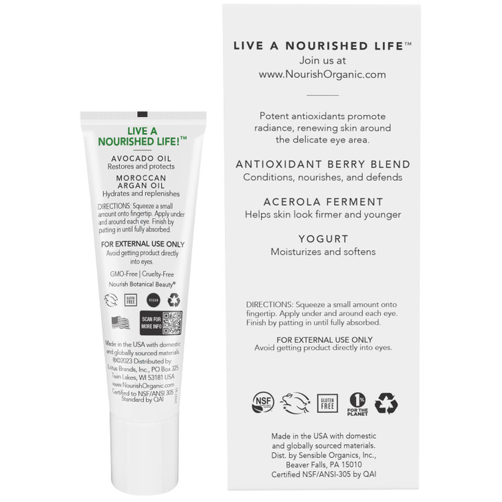 Nourish Organic Eye Treatment, Avocado & Argan  Renewing & Hydrating Under Eye Brightener with Vitamin C + Washable Cotton Round