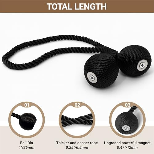 Hion Magnetic Curtain Tiebacks Black 2pcs, Curtain Tiebacks Buckles Holdbacks Holders Hooks Clip for Home Outdoor Bedroom Office Decorative Curtain