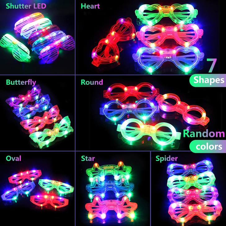 21 Pcs LED Glasses 7 shapes 6 LED Glow In The Dark Party Supplies Favor for Kids Adults shutter heart round star butterfly Glow Sticks Light Up Glass