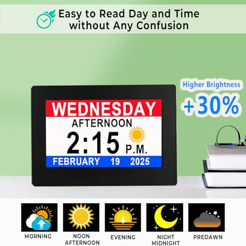 Véfaîî 2025 New, Digital Clock with Day Date 1280 * 800P HD, 19 Alarms Custom Reminders, 10 Levels Auto Dimmer Dementia Clock, 8 Display Colors, Auto