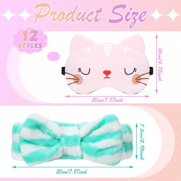 Wesiti 12 Pcs Sleepover Party Favors for Women Girls, 6 Cute Plush Sleep Eye Mask and 6 Spa Headband Washing Face Bow Makeup Headbands Cat Eyeshade f
