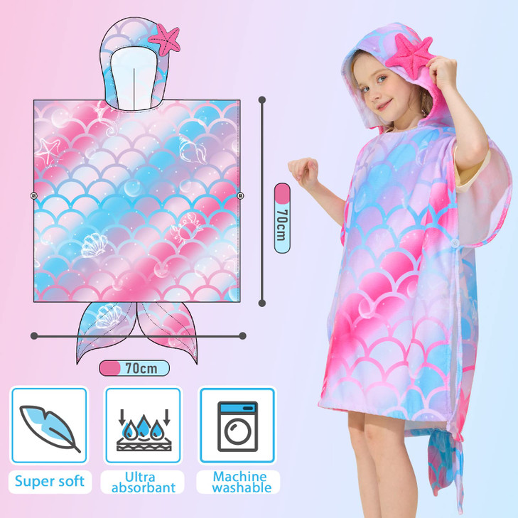 WERNNSAI Mermaid Hooded Beach Towel for Kids - 27" x 27" Sand Free Poncho, Quick Dry Soft Bath Swim Towel for Girls Pool, Travel, Shower