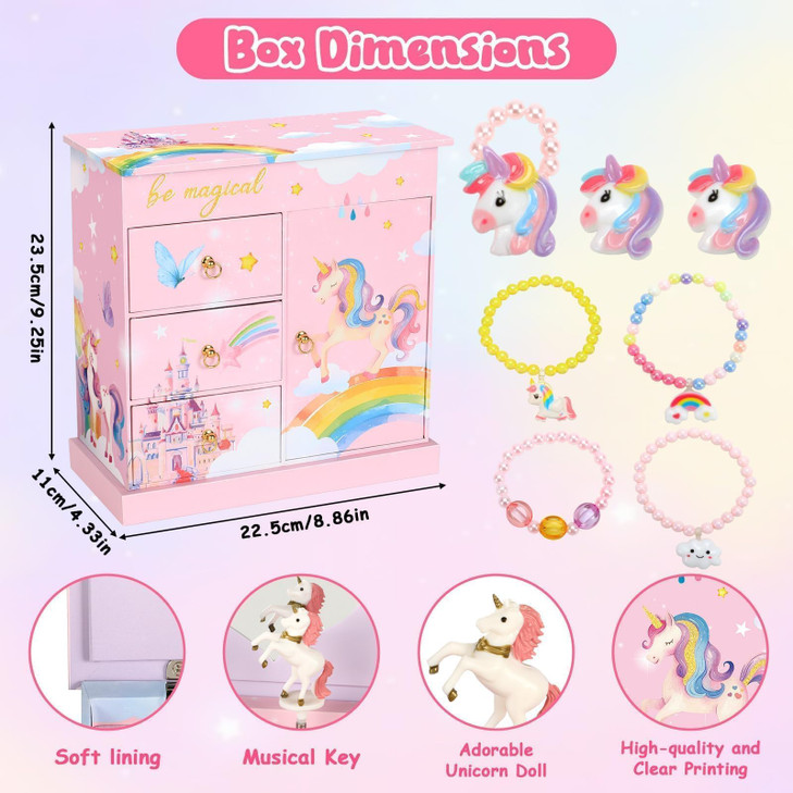 10Pcs Christmas Gift Musical Unicorn Jewelry Box for Girls Toys for Age 3, 4, 5, 6, 7, 8 Jewelry Set Kids with Spinning Musical Unicorn Box Necklace