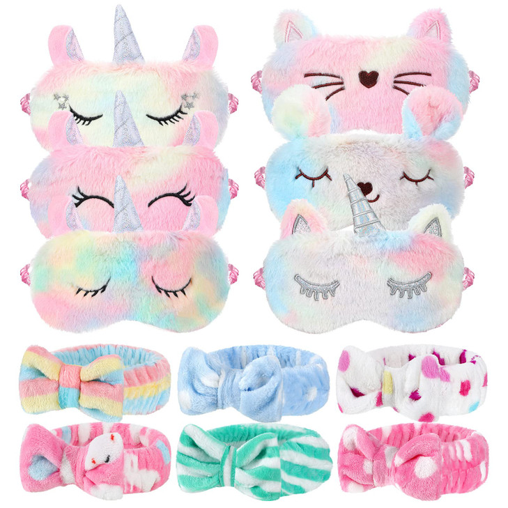 12 Pcs Sleepover Party Supplies for Girls Unicorn Rainbow Animal Plush Sleep Eye Mask Soft Spa Headband for Women Overnight Spa Bachelorette Party Fa