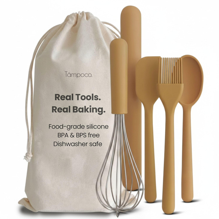 Tampoco Real Kids Cooking & Baking Set  Montessori Kitchen Tools for Real Cooking with Food-Safe Silicone Utensils  Functional & Fun Gift for Young