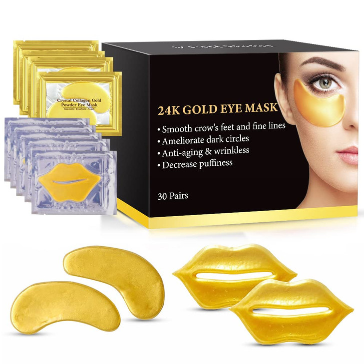 VERONNI Eye Lip Mask Set -20pcs Under Eye Patches,10pcs Gold Lip Mask -24K Gold Crystal Eye Lip Pads Treatment for Dry Lip,Dark Circles Eyes Moisturi