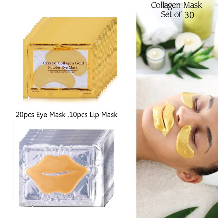 VERONNI Eye Lip Mask Set -20pcs Under Eye Patches,10pcs Gold Lip Mask -24K Gold Crystal Eye Lip Pads Treatment for Dry Lip,Dark Circles Eyes Moisturi
