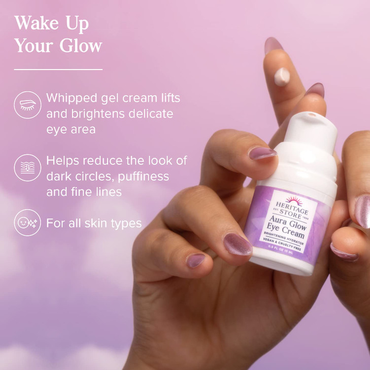 HERITAGE STORE Aura Glow Eye Cream, Under Eye Brightener & Hydrator, Minimizes look of Puffiness, Dark Circles, Fine Lines & Wrinkles w/Bakuchiol, Hy