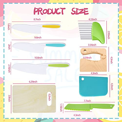 KOLODOGO 10 Pieces Wooden Kids Kitchen Knife Set, Including Safe Plastic Slicers, Cooking Knives, Cake Scraper, and Cute Rectangle Cutting Board