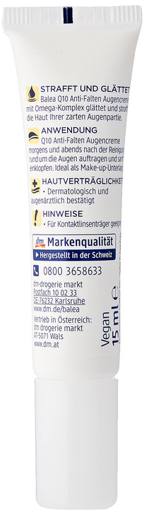 Anti-Wrinkle Eye Cream Q10 with Omega Complex - Perfume-free, PEG-free, Vegan, Not Tested on Animals - 15 ml by Balea