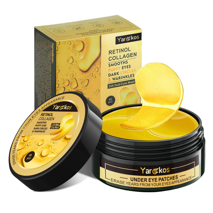 60 Pcs 24K Gold Under Eye Patches, 30 Pairs Undereye Mask for Dark Circles Puffy Eyes Treatment, Collagen Gel Pads Hydrating for Eye Bags Puffiness W