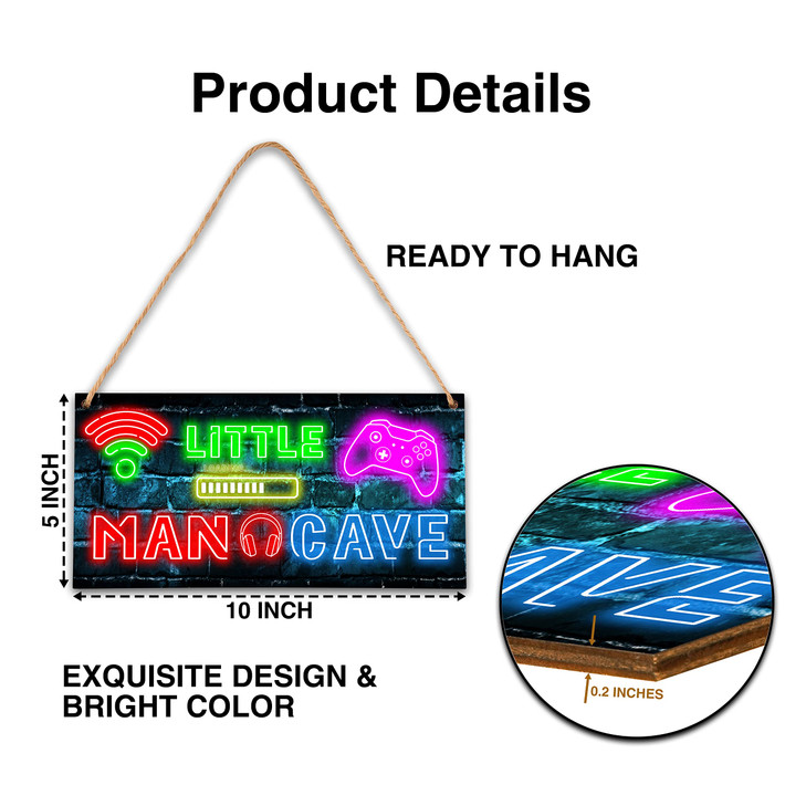 Little Man Cave, Neon Gaming Wooden Door Sign for Gamer Room Decor, Boys Decorations for Bedroom Nursery Playroom Wall Art (5"x10") -A06