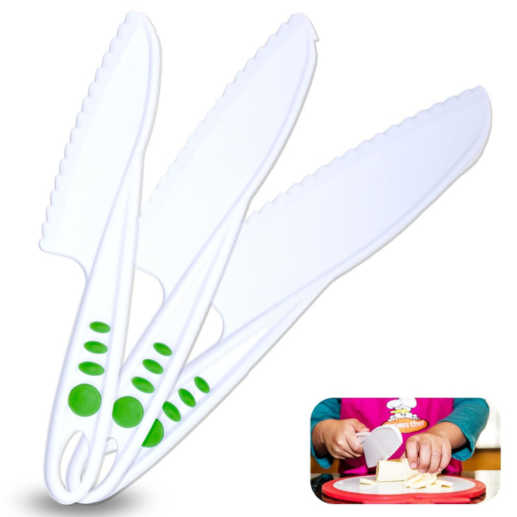 Curious Chef Kid Safe Kitchen Knife Set - 3-Piece Nylon Knives for Kids, White & Green, Ages 4+ - Non-Scratch Tools for Nonstick Pans & Kitchen Tool