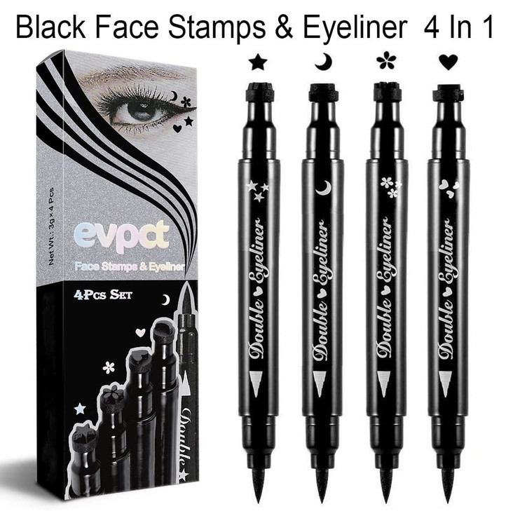 evpct 4in1 Star Flowers Hearts Moon Face Stamps Eyeliner Makeup Set, Black Colored Liquid Winged Wing Eyeliner Stamp Wingliner, Waterproof, Star Eye