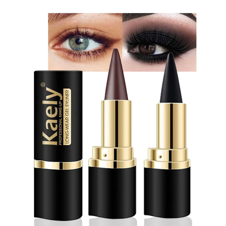 Kaely 2Pcs Black Brown Gel Eyeliner Pencil, Natural Black Eyeliner Cream for Waterline, Long Wear Crayon Eye Liner Waterproof Smudge Proof, Smokey Ey