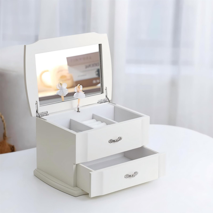Jozen Gift White Double Layer Ballerina Musical Jewelry Box with Mirror for Girls and Women,Jewelry Storage Music Chest,Gifts for Christmas, Birthday