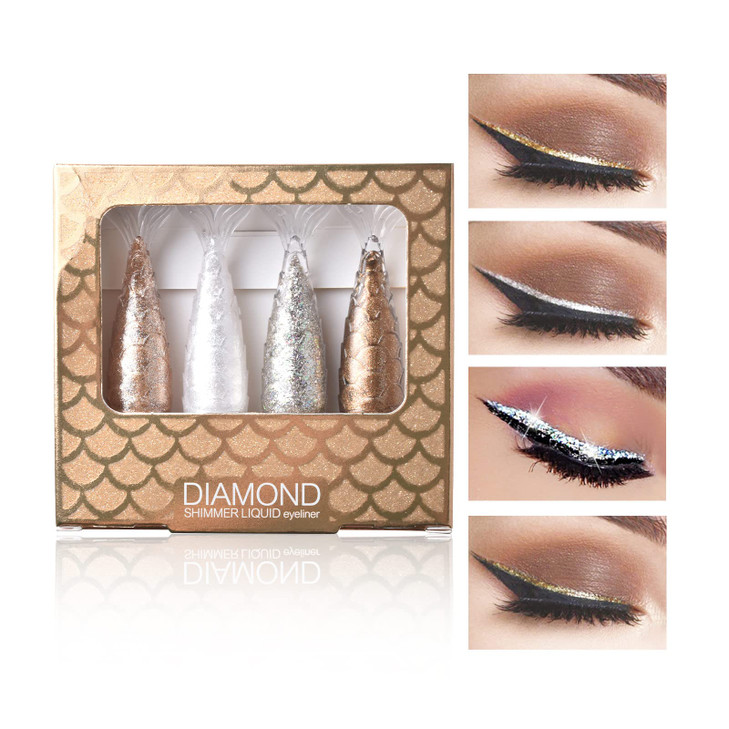 LAMUSELAND 4 Colors Liquid Glitter Eyeliner, Metallic Shimmer Diamond Mermaid Eyeshadow, Waterproof Long Lasting Sparkling Eye Liner Makeup Colorful
