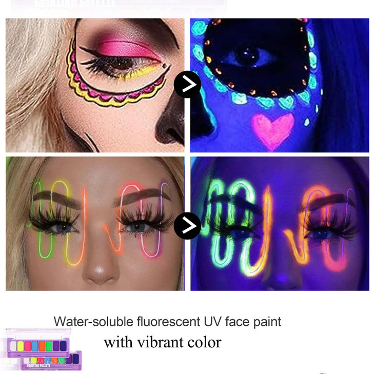 MEICOLY 2 Packs Water Activated Eye Liner Palette,Neon Face Paint Colored Retro Hydra Liner,Water Activated Eyeliner,Matte Graphic Eyeliner,UV Blackl