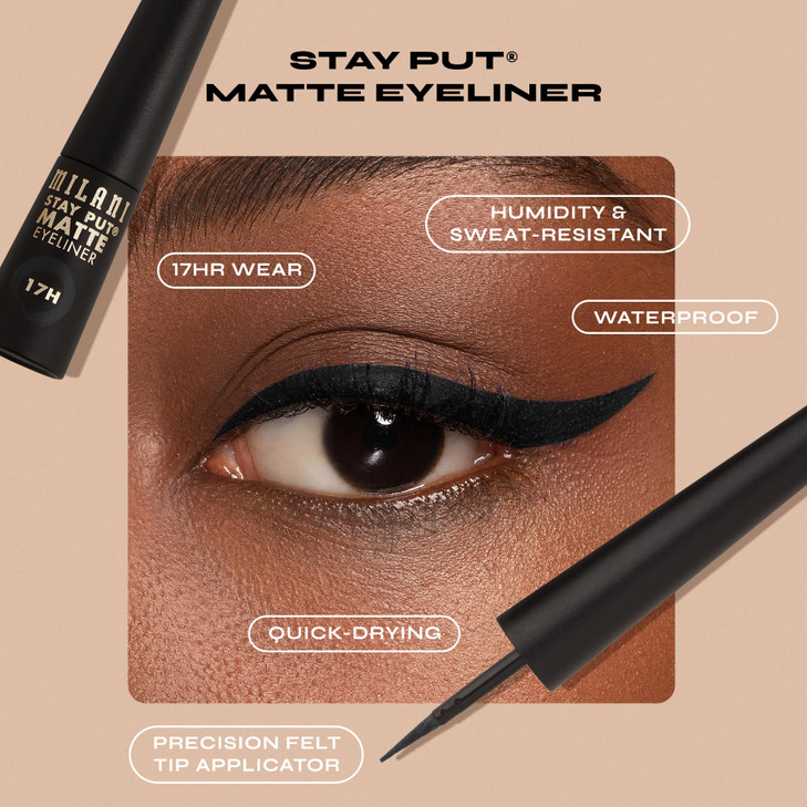 Milani Stay Put Matte Liquid Eyeliner - Black, Waterproof, 17H Wear, Cruelty-Free, Vegan, Smudgeproof, Long Lasting