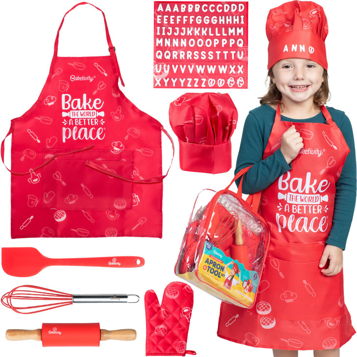 Baketivity Kids Chef Hat and Apron Set for Boys & Girls - One Size Fits All (Adjustable) - Premium, Washable Apron and Hat Set for Cooking - Young Ch